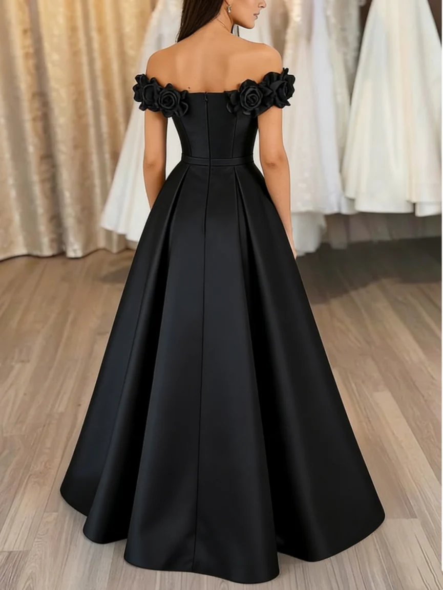 A-Line/Princess Off-the-Shoulder Satin Evening Dresses with Split Side Sleeveless 3D Flowers Floor-Length Pocket Party Dresses - Image 2
