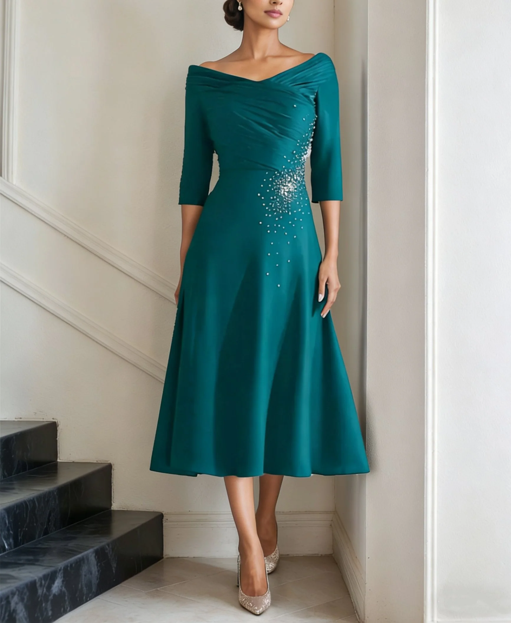 A-Line/Princess Off-the-Shoulder Satin Mother of the Bride Dresses Beading Ruched 3/4 Sleeves Tea-Length Cocktail Dress - Image 4