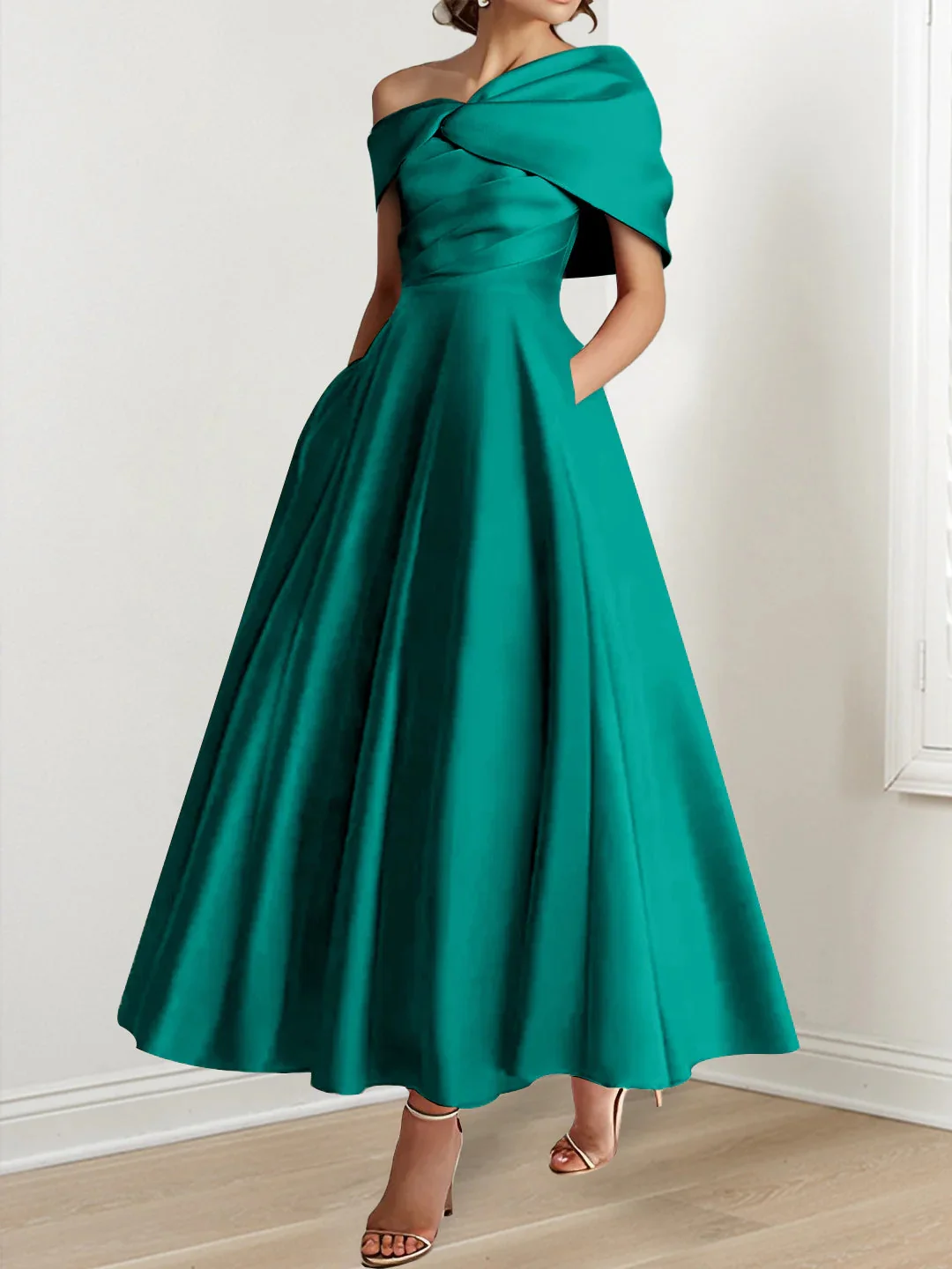 A-Line/Princess Off-The-Shoulder Satin Mother Of The Bride Dresses Sleeveless Ankle-Length with Ruffles & Bowknot - Image 11