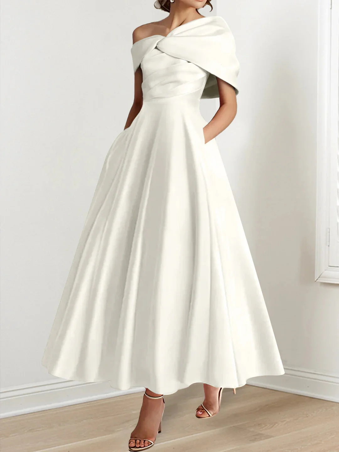 A-Line/Princess Off-The-Shoulder Satin Mother Of The Bride Dresses Sleeveless Ankle-Length with Ruffles & Bowknot - Image 14