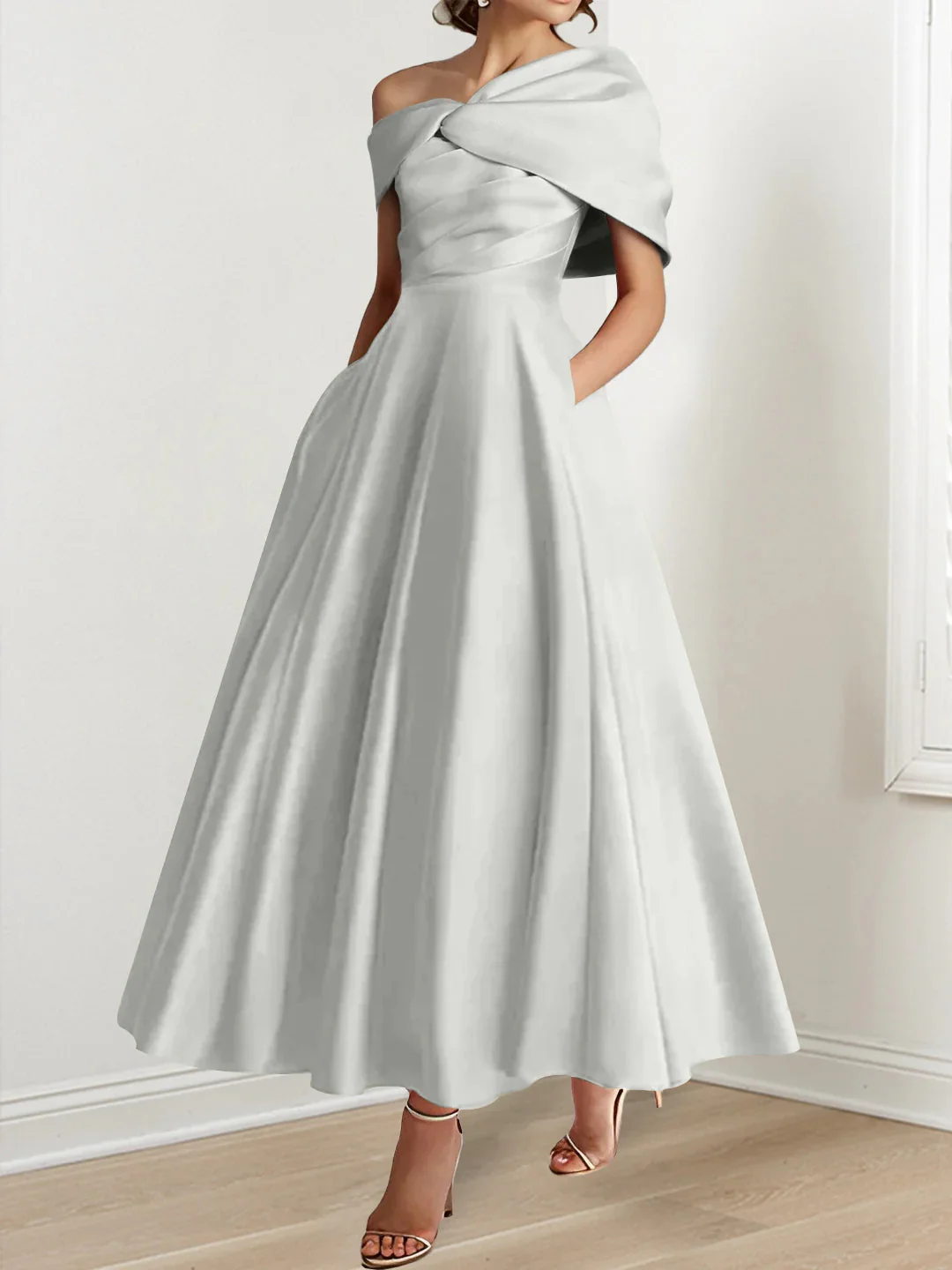 A-Line/Princess Off-The-Shoulder Satin Mother Of The Bride Dresses Sleeveless Ankle-Length with Ruffles & Bowknot - Image 21