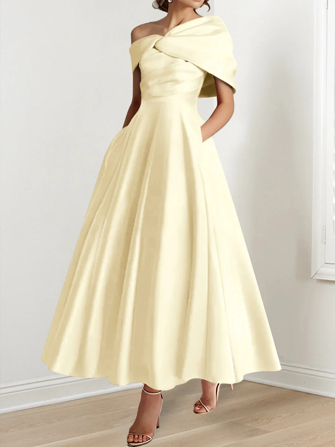 A-Line/Princess Off-The-Shoulder Satin Mother Of The Bride Dresses Sleeveless Ankle-Length with Ruffles & Bowknot - Image 3