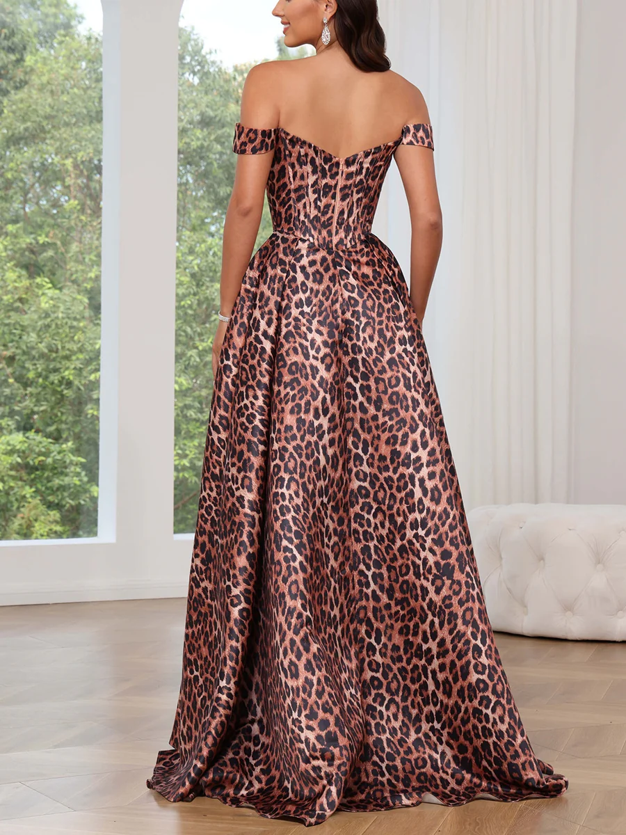 A-Line/Princess Off-the-Shoulder Satin Prom Dresses Leopard Print Sleeveless Split Side Floor-Length Formal Dresses - Image 2