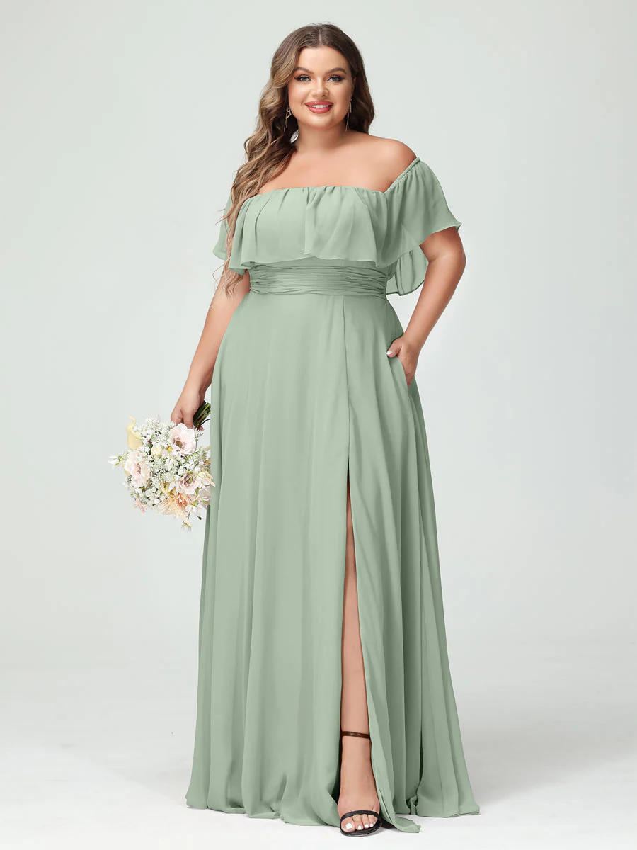 A-Line/Princess Off-the-Shoulder Short Sleeves Chiffon Plus Size Bridesmaid Dresses with Pockets & Split Side - Image 11
