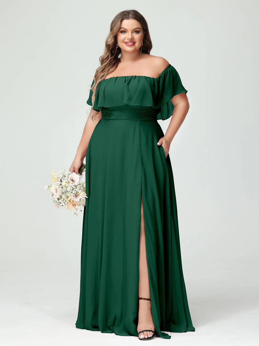 A-Line/Princess Off-the-Shoulder Short Sleeves Chiffon Plus Size Bridesmaid Dresses with Pockets & Split Side - Image 12