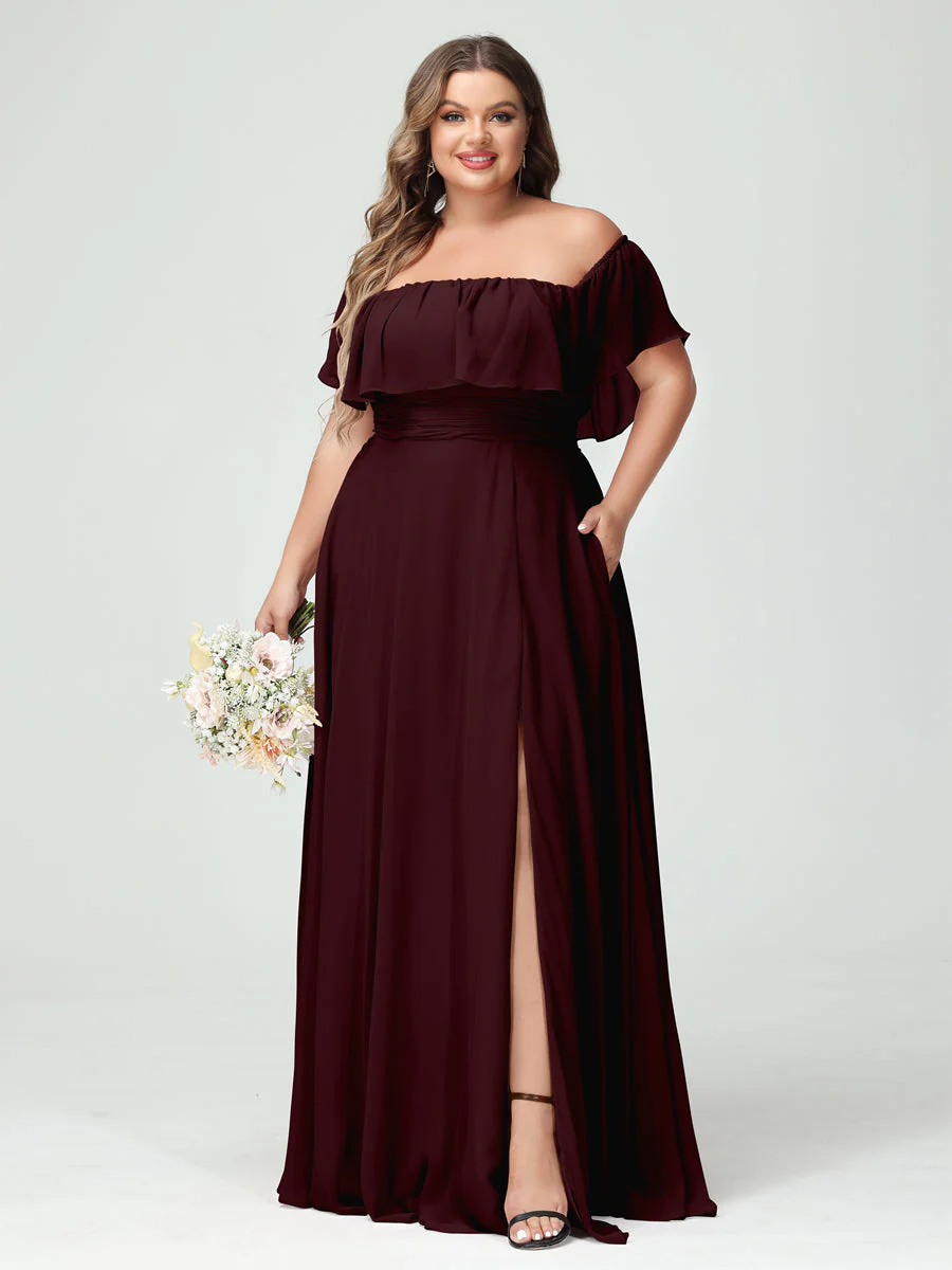 A-Line/Princess Off-the-Shoulder Short Sleeves Chiffon Plus Size Bridesmaid Dresses with Pockets & Split Side - Image 13
