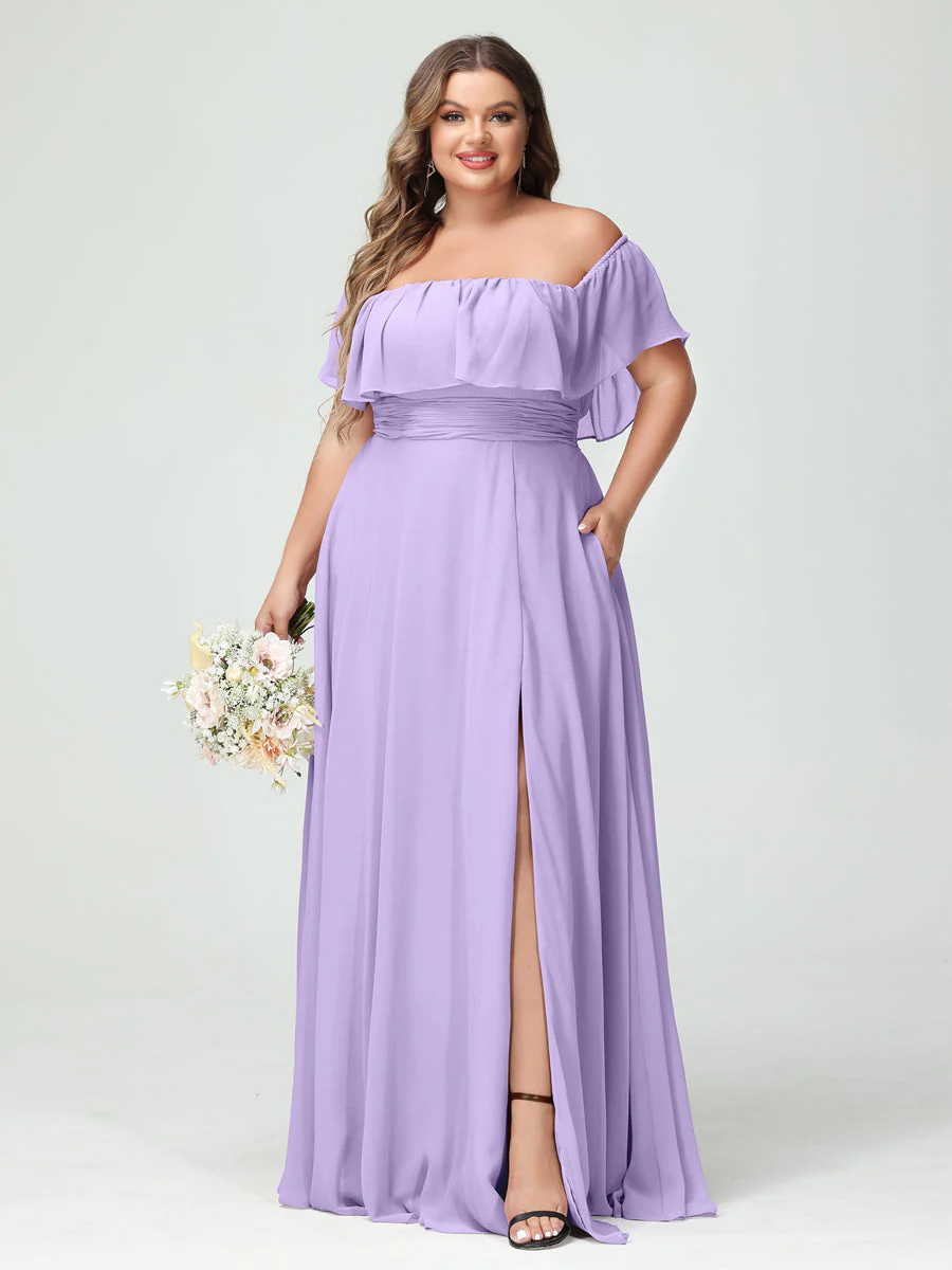 A-Line/Princess Off-the-Shoulder Short Sleeves Chiffon Plus Size Bridesmaid Dresses with Pockets & Split Side - Image 15