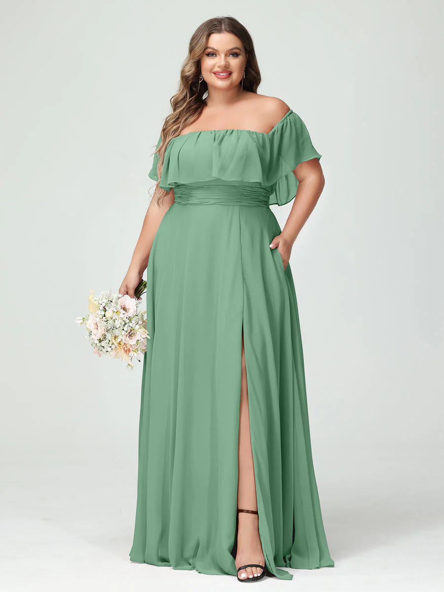 A-Line/Princess Off-the-Shoulder Short Sleeves Chiffon Plus Size Bridesmaid Dresses with Pockets & Split Side - Image 18