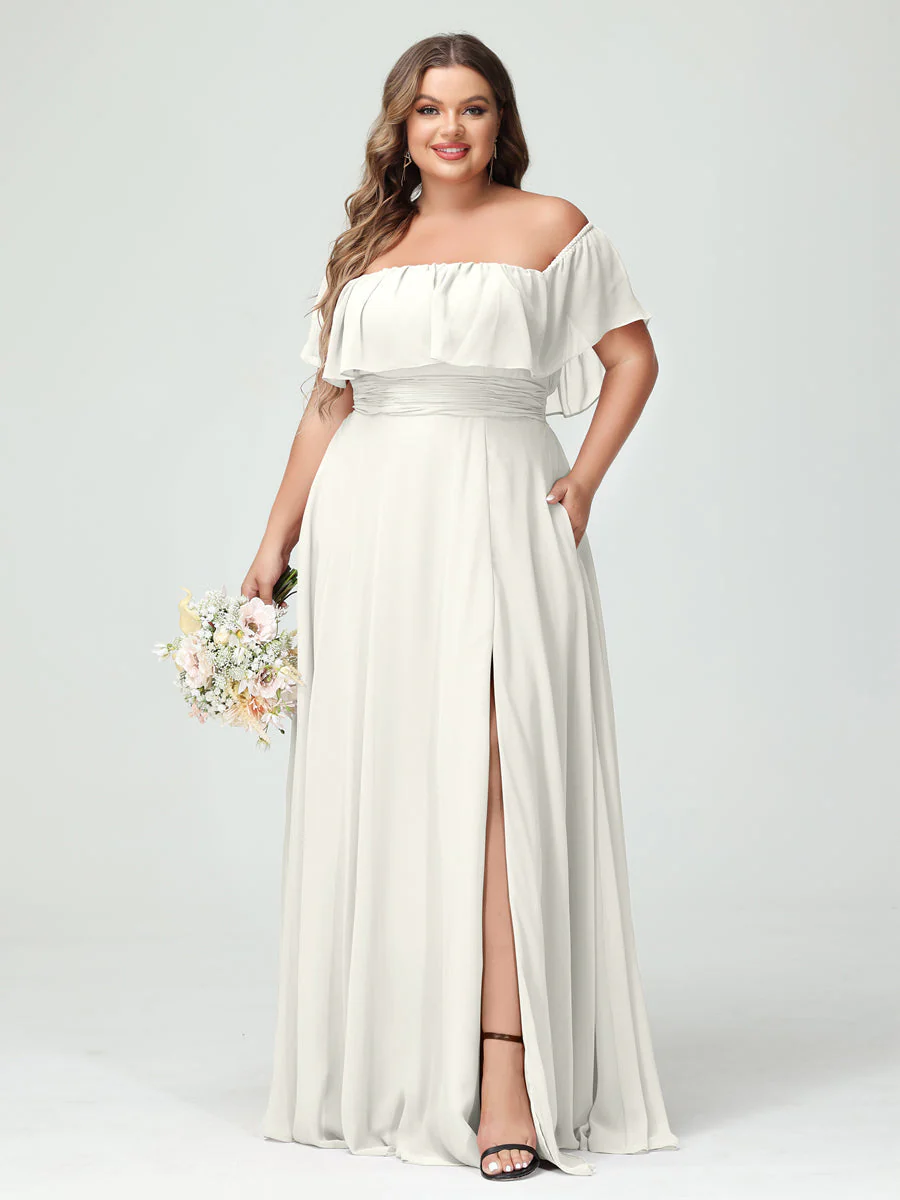 A-Line/Princess Off-the-Shoulder Short Sleeves Chiffon Plus Size Bridesmaid Dresses with Pockets & Split Side - Image 22