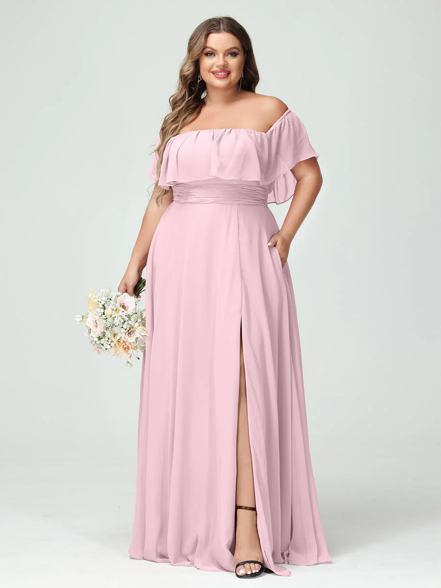 A-Line/Princess Off-the-Shoulder Short Sleeves Chiffon Plus Size Bridesmaid Dresses with Pockets & Split Side - Image 26