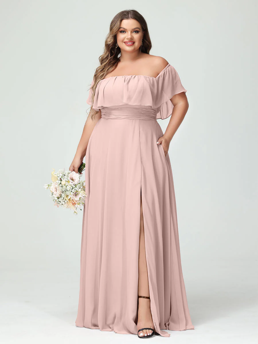 A-Line/Princess Off-the-Shoulder Short Sleeves Chiffon Plus Size Bridesmaid Dresses with Pockets & Split Side - Image 27