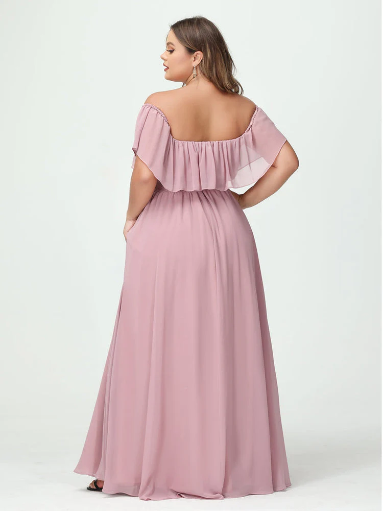 A-Line/Princess Off-the-Shoulder Short Sleeves Chiffon Plus Size Bridesmaid Dresses with Pockets & Split Side - Image 3