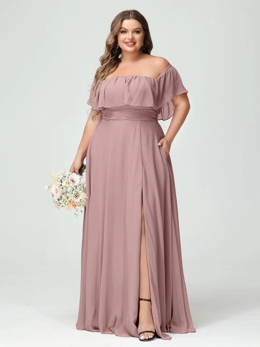 A-Line/Princess Off-the-Shoulder Short Sleeves Chiffon Plus Size Bridesmaid Dresses with Pockets & Split Side - Image 31