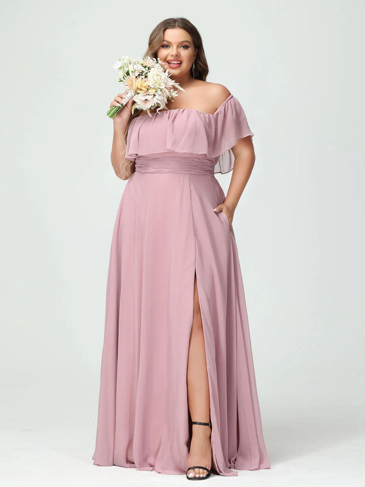 A-Line/Princess Off-the-Shoulder Short Sleeves Chiffon Plus Size Bridesmaid Dresses with Pockets & Split Side - Image 4