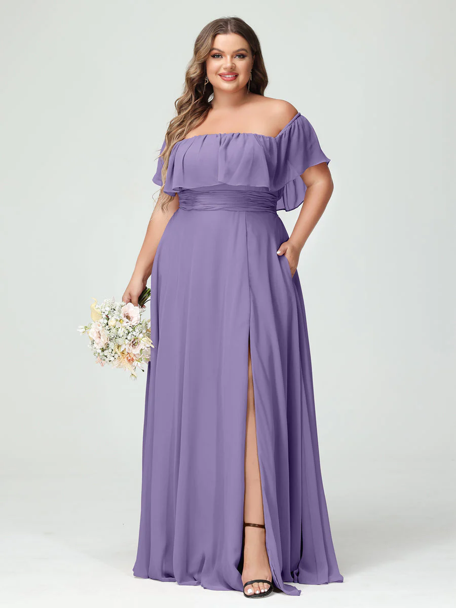 A-Line/Princess Off-the-Shoulder Short Sleeves Chiffon Plus Size Bridesmaid Dresses with Pockets & Split Side - Image 42
