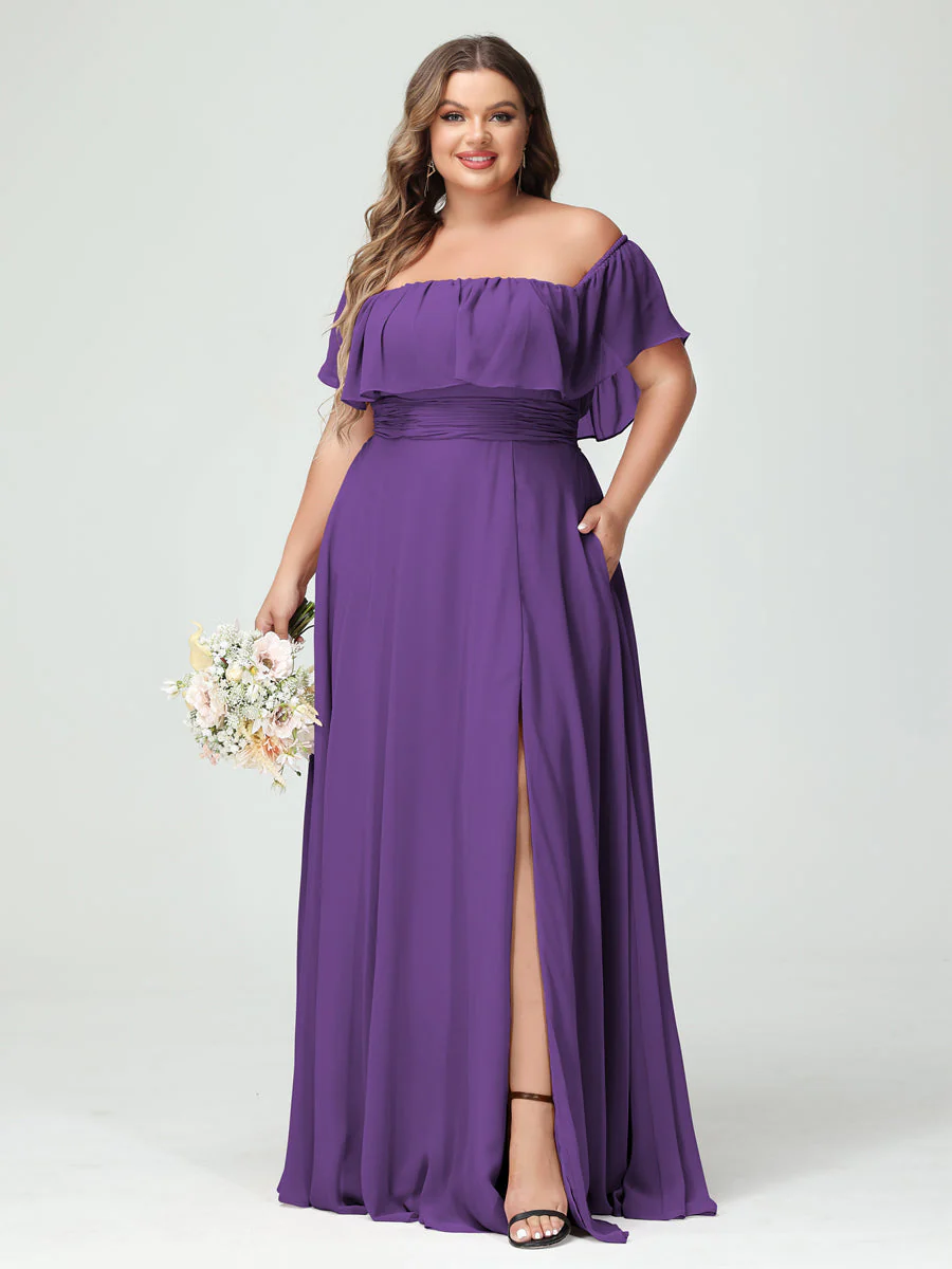 A-Line/Princess Off-the-Shoulder Short Sleeves Chiffon Plus Size Bridesmaid Dresses with Pockets & Split Side - Image 43