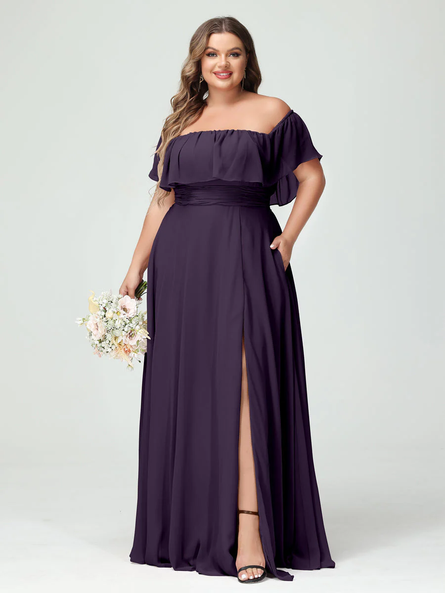 A-Line/Princess Off-the-Shoulder Short Sleeves Chiffon Plus Size Bridesmaid Dresses with Pockets & Split Side - Image 46