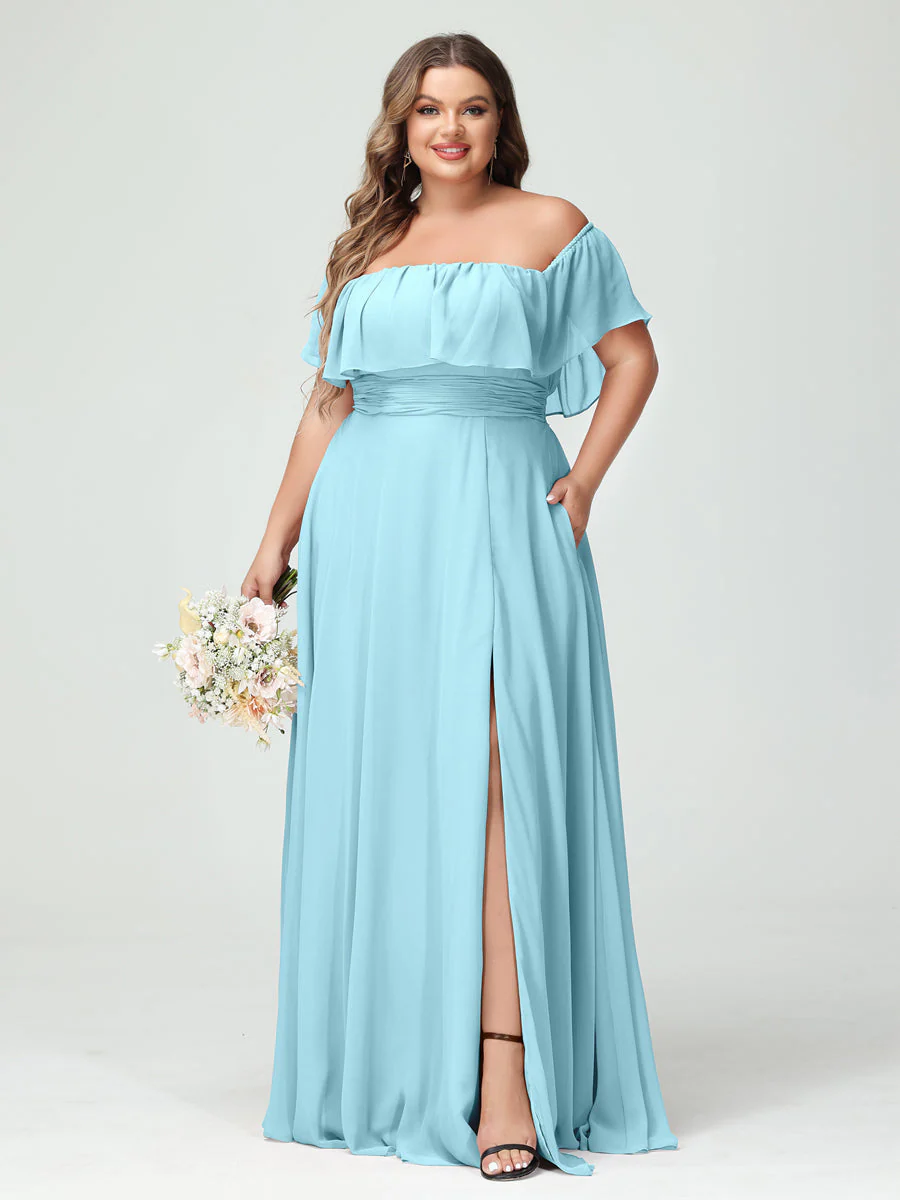 A-Line/Princess Off-the-Shoulder Short Sleeves Chiffon Plus Size Bridesmaid Dresses with Pockets & Split Side - Image 50