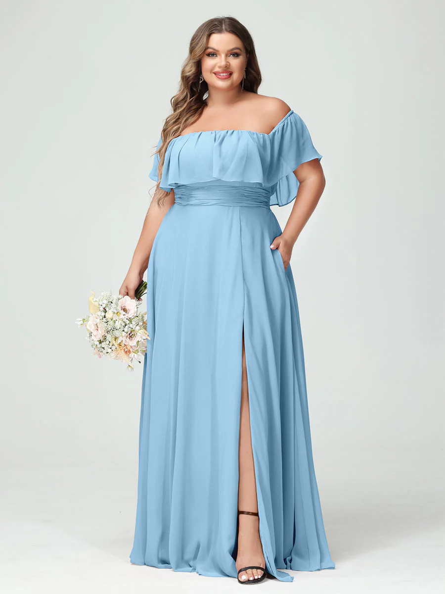 A-Line/Princess Off-the-Shoulder Short Sleeves Chiffon Plus Size Bridesmaid Dresses with Pockets & Split Side - Image 51