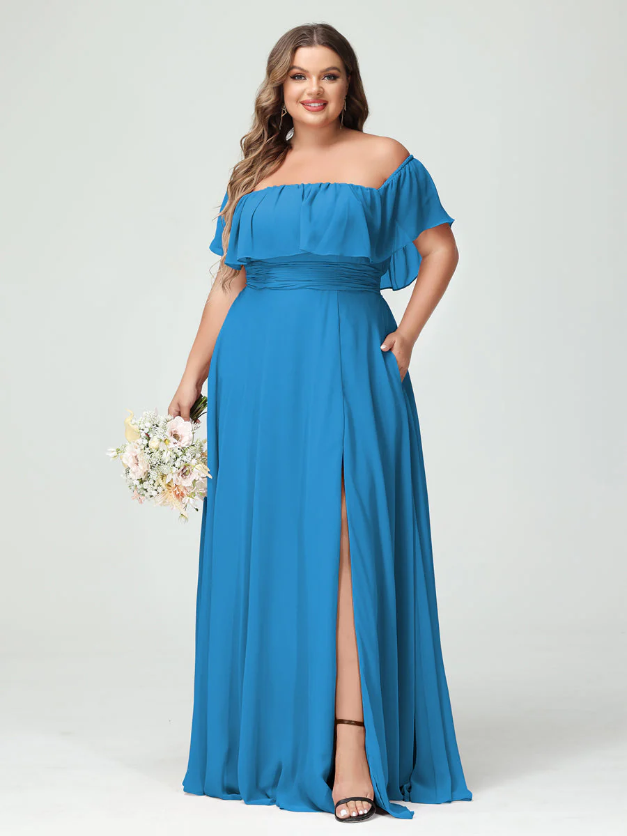 A-Line/Princess Off-the-Shoulder Short Sleeves Chiffon Plus Size Bridesmaid Dresses with Pockets & Split Side - Image 54