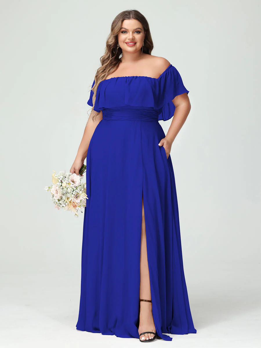 A-Line/Princess Off-the-Shoulder Short Sleeves Chiffon Plus Size Bridesmaid Dresses with Pockets & Split Side - Image 56