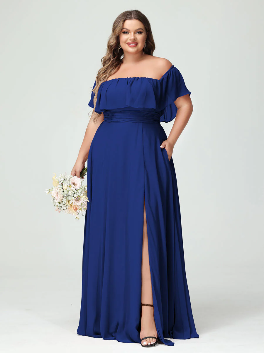 A-Line/Princess Off-the-Shoulder Short Sleeves Chiffon Plus Size Bridesmaid Dresses with Pockets & Split Side - Image 57