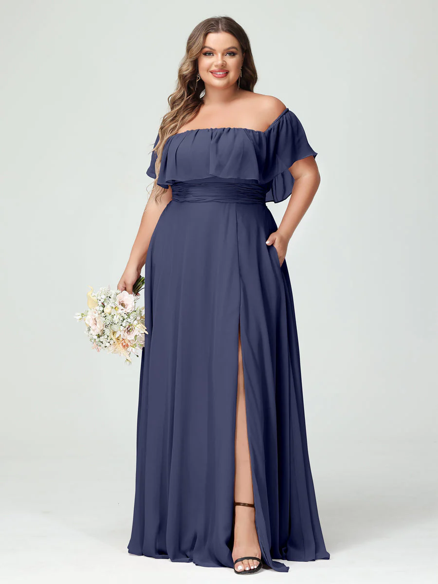 A-Line/Princess Off-the-Shoulder Short Sleeves Chiffon Plus Size Bridesmaid Dresses with Pockets & Split Side - Image 58