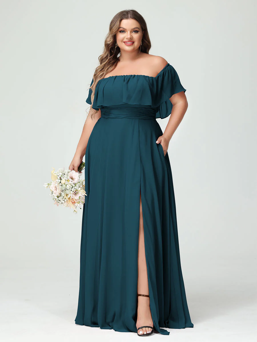 A-Line/Princess Off-the-Shoulder Short Sleeves Chiffon Plus Size Bridesmaid Dresses with Pockets & Split Side - Image 59