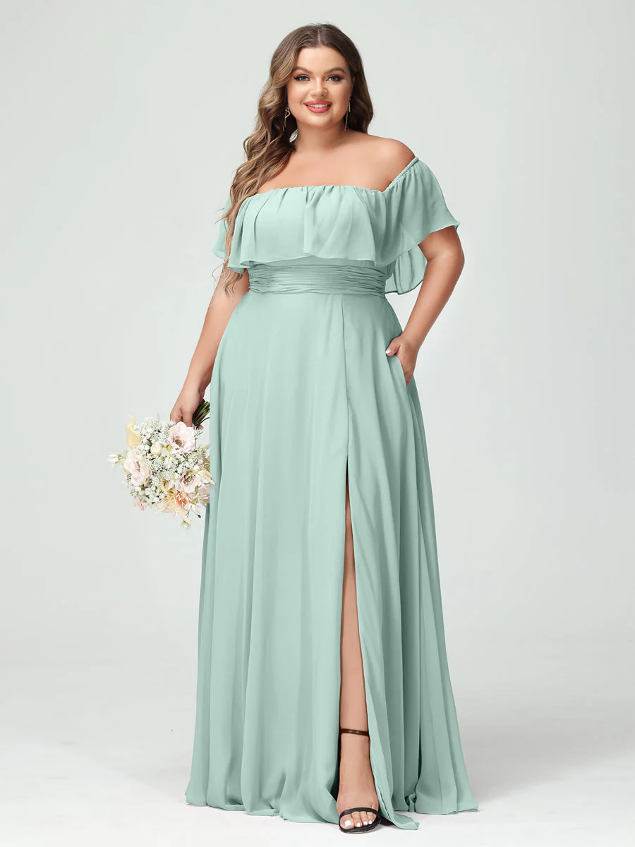 A-Line/Princess Off-the-Shoulder Short Sleeves Chiffon Plus Size Bridesmaid Dresses with Pockets & Split Side - Image 61