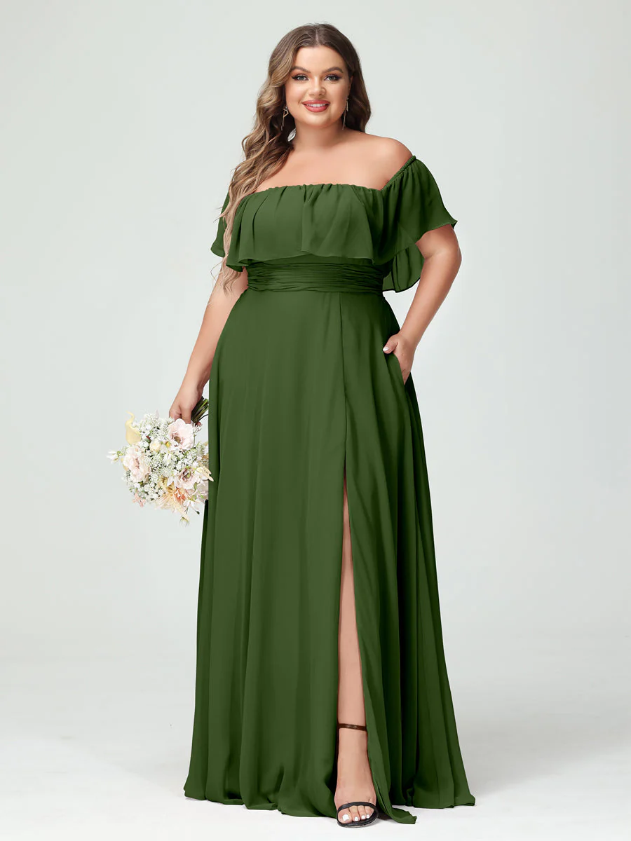 A-Line/Princess Off-the-Shoulder Short Sleeves Chiffon Plus Size Bridesmaid Dresses with Pockets & Split Side - Image 66