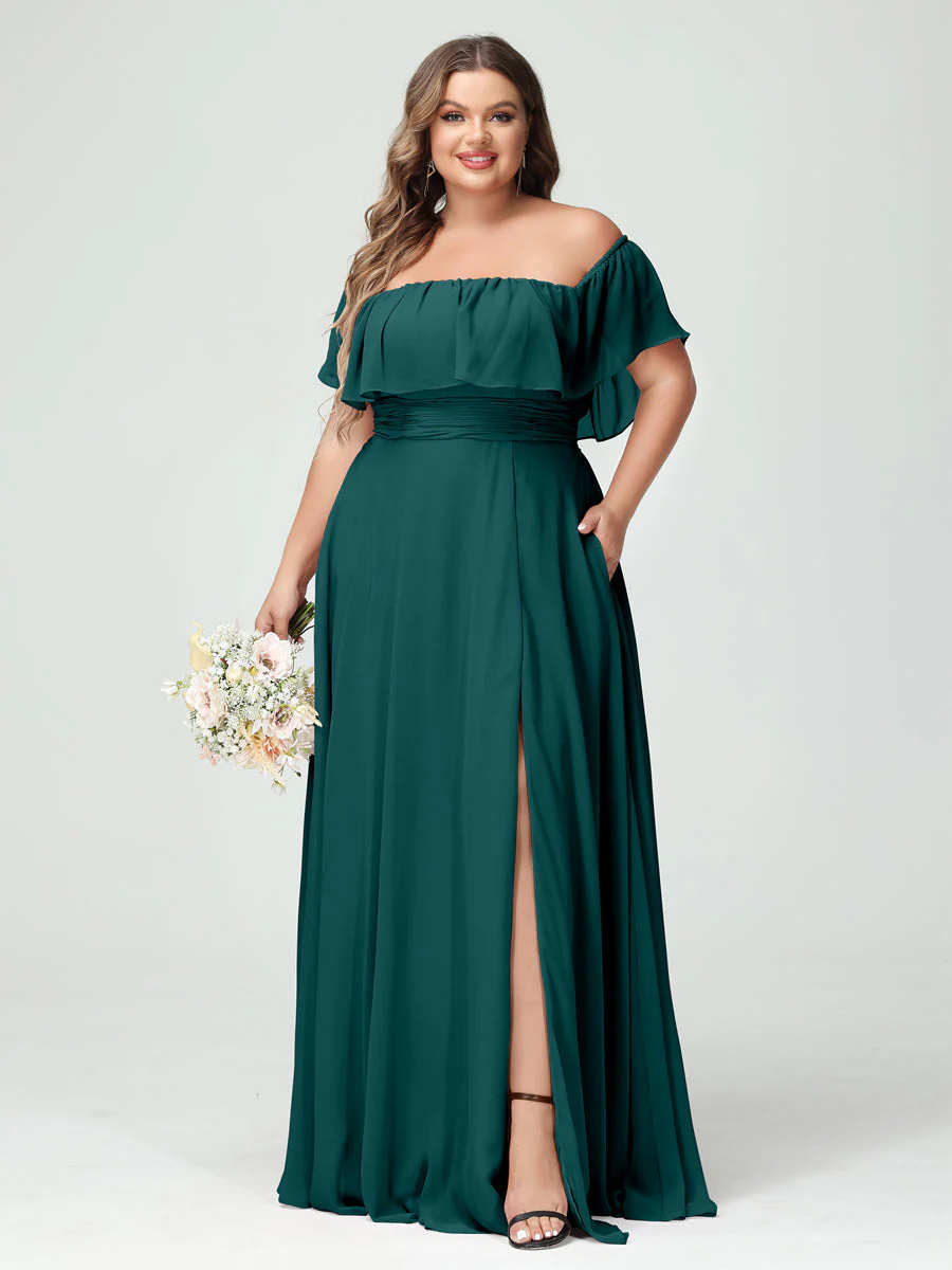 A-Line/Princess Off-the-Shoulder Short Sleeves Chiffon Plus Size Bridesmaid Dresses with Pockets & Split Side - Image 67