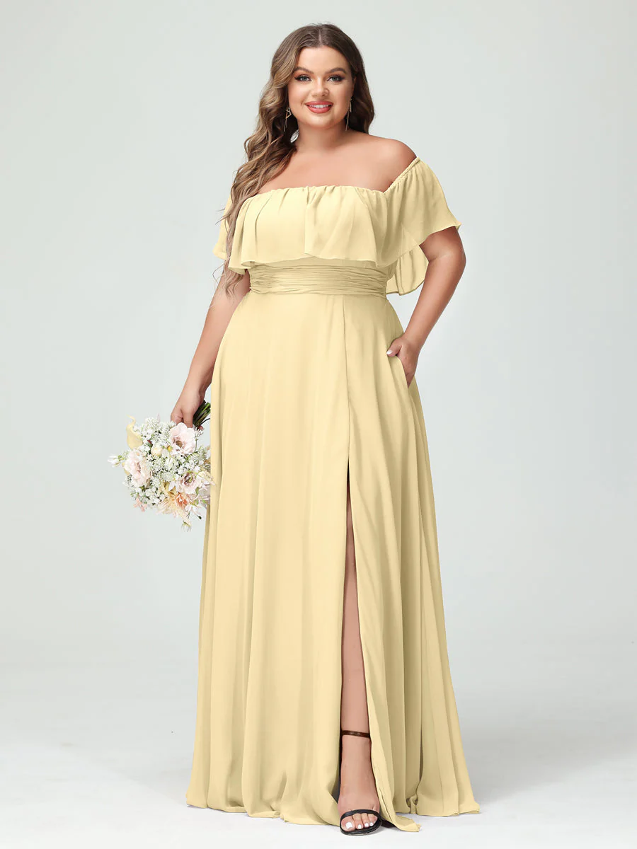 A-Line/Princess Off-the-Shoulder Short Sleeves Chiffon Plus Size Bridesmaid Dresses with Pockets & Split Side - Image 69