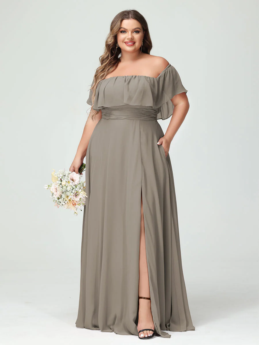 A-Line/Princess Off-the-Shoulder Short Sleeves Chiffon Plus Size Bridesmaid Dresses with Pockets & Split Side - Image 74