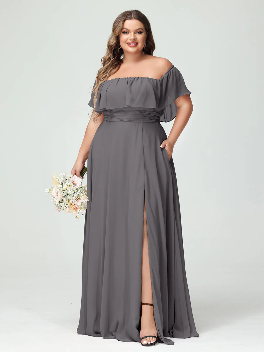 A-Line/Princess Off-the-Shoulder Short Sleeves Chiffon Plus Size Bridesmaid Dresses with Pockets & Split Side - Image 75