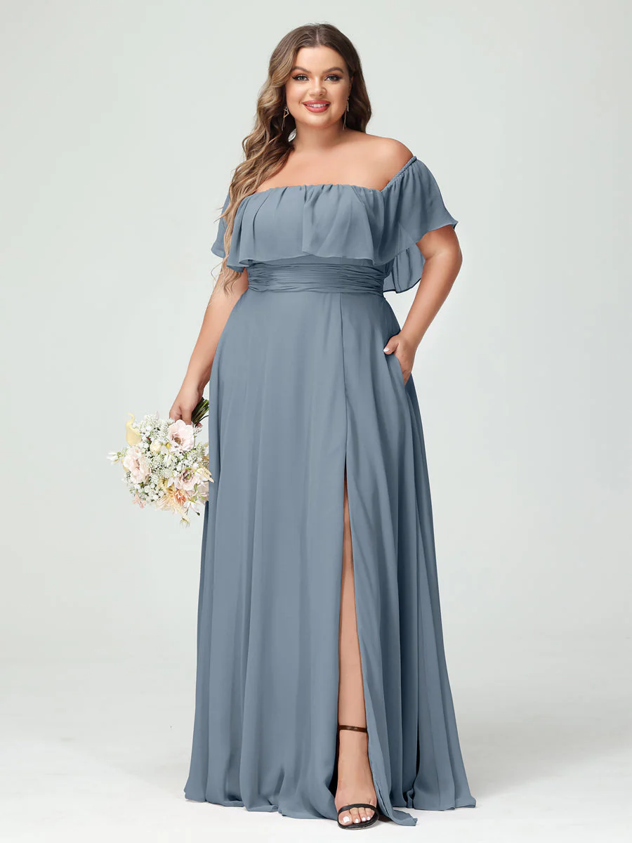 A-Line/Princess Off-the-Shoulder Short Sleeves Chiffon Plus Size Bridesmaid Dresses with Pockets & Split Side - Image 9