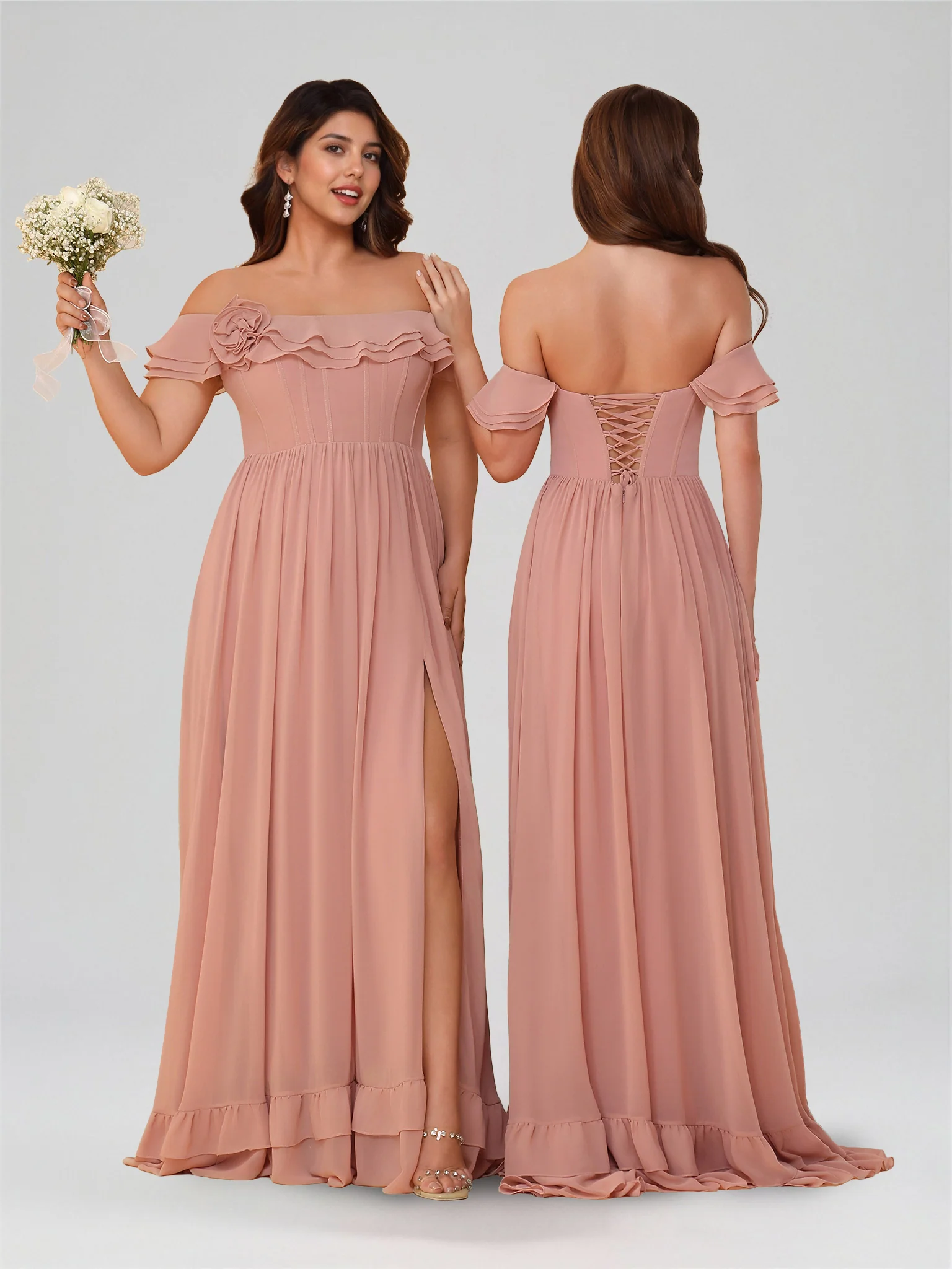 A-Line/Princess Off-the-Shoulder Short Sleeves Floor-Length Bridesmaid Dresses with Split Side & Ruched - Image 2