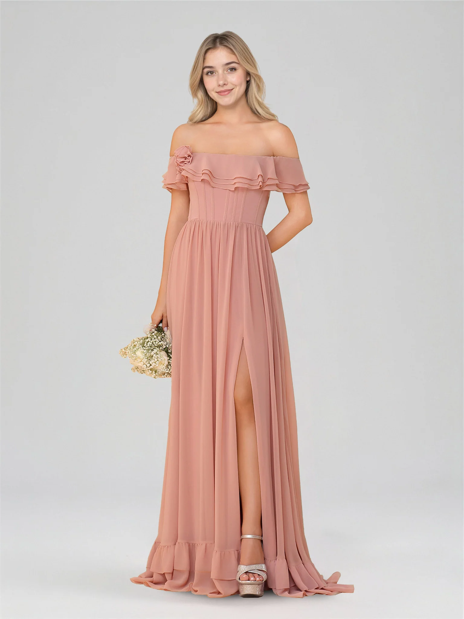 A-Line/Princess Off-the-Shoulder Short Sleeves Floor-Length Bridesmaid Dresses with Split Side & Ruched - Image 3