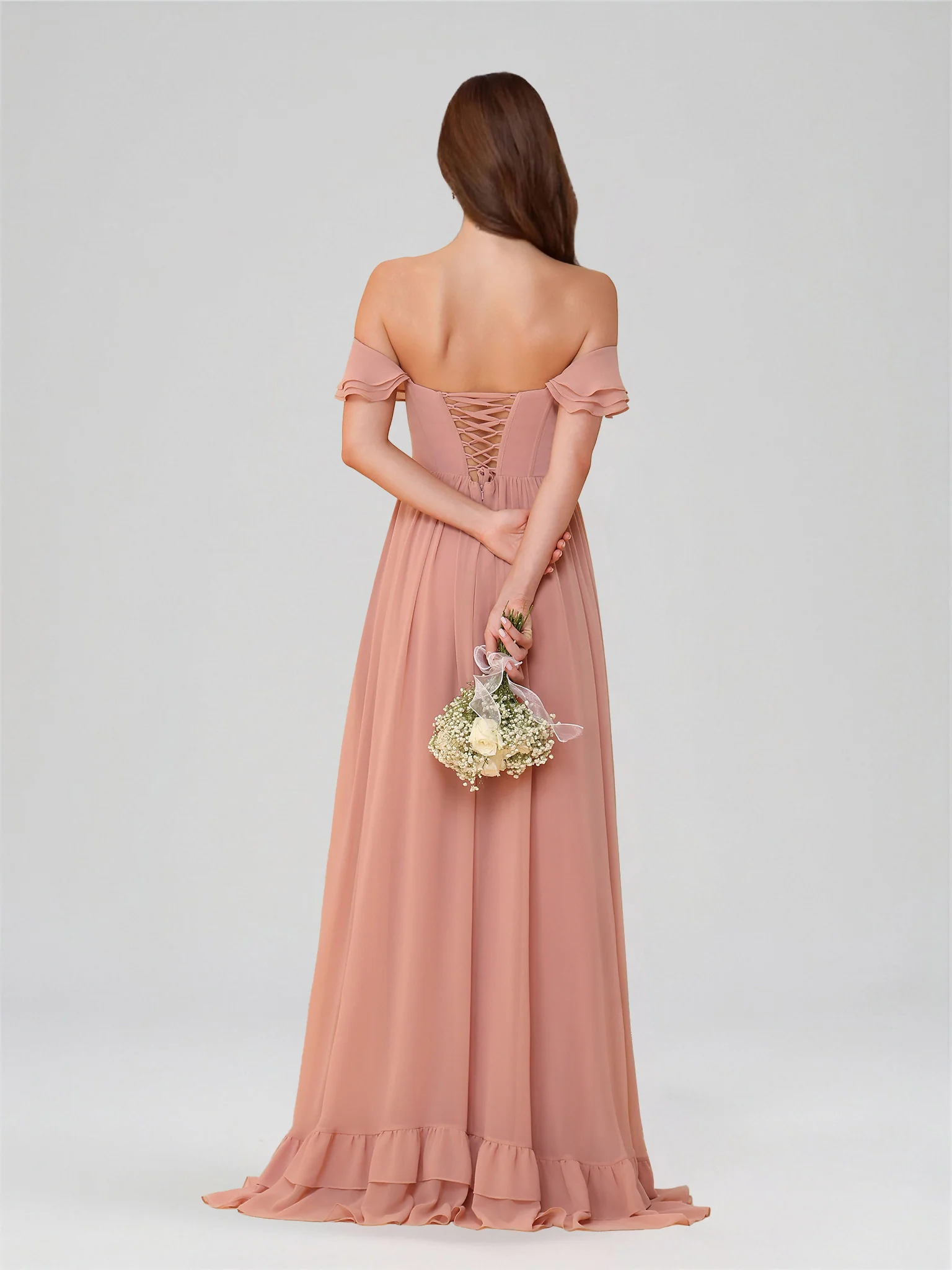 A-Line/Princess Off-the-Shoulder Short Sleeves Floor-Length Bridesmaid Dresses with Split Side & Ruched - Image 4