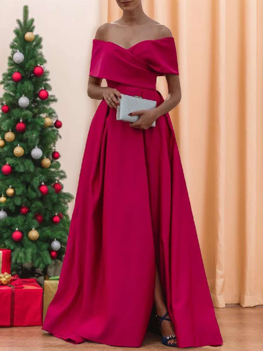 A-Line/Princess Off-the-shoulder Short Sleeves Floor Length Evening Dress - Image 11