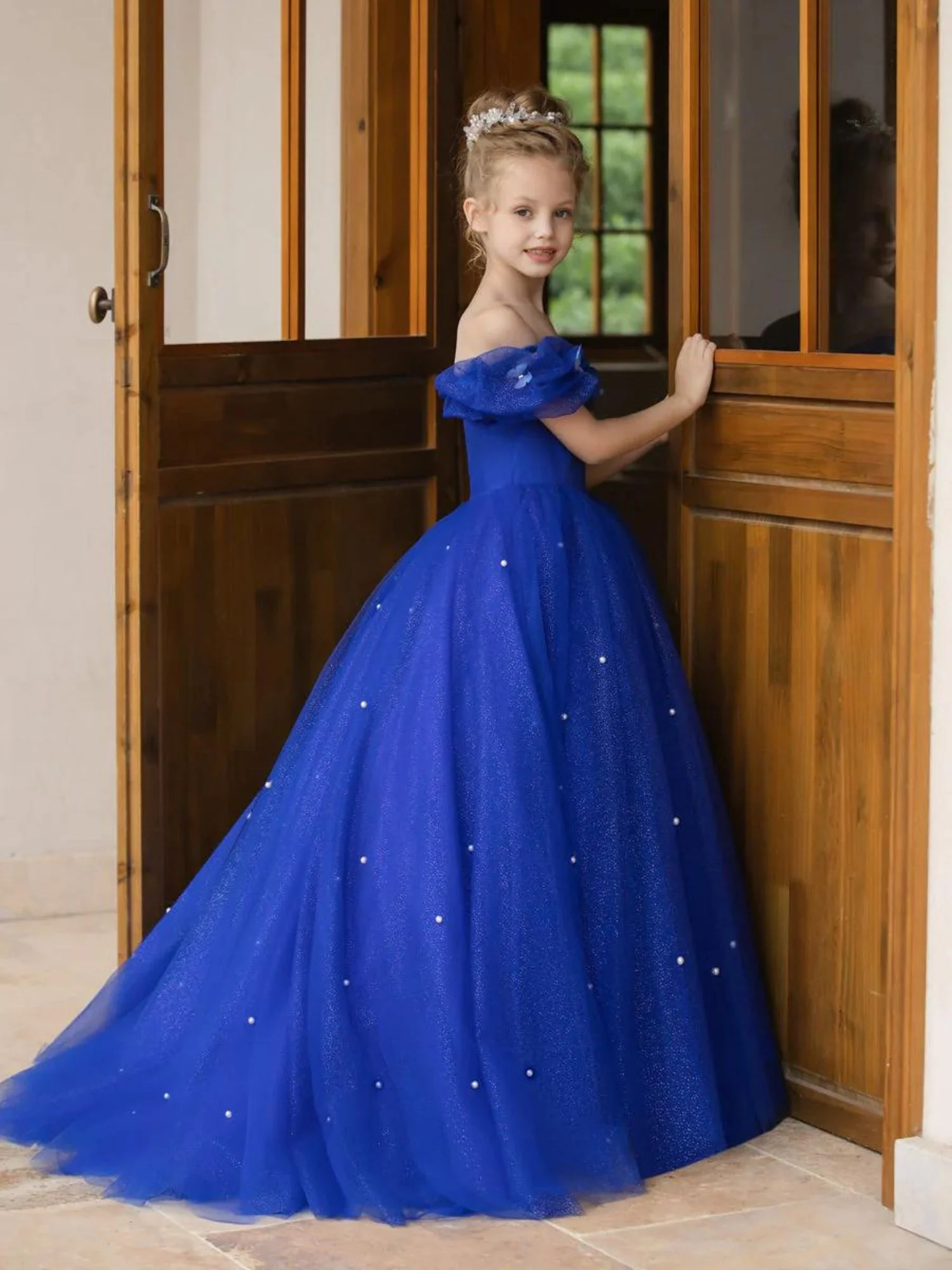 A-Line/Princess Off-the-shoulder Short Sleeves Floor Length Flower Girl Dresses with Pearls - Image 6