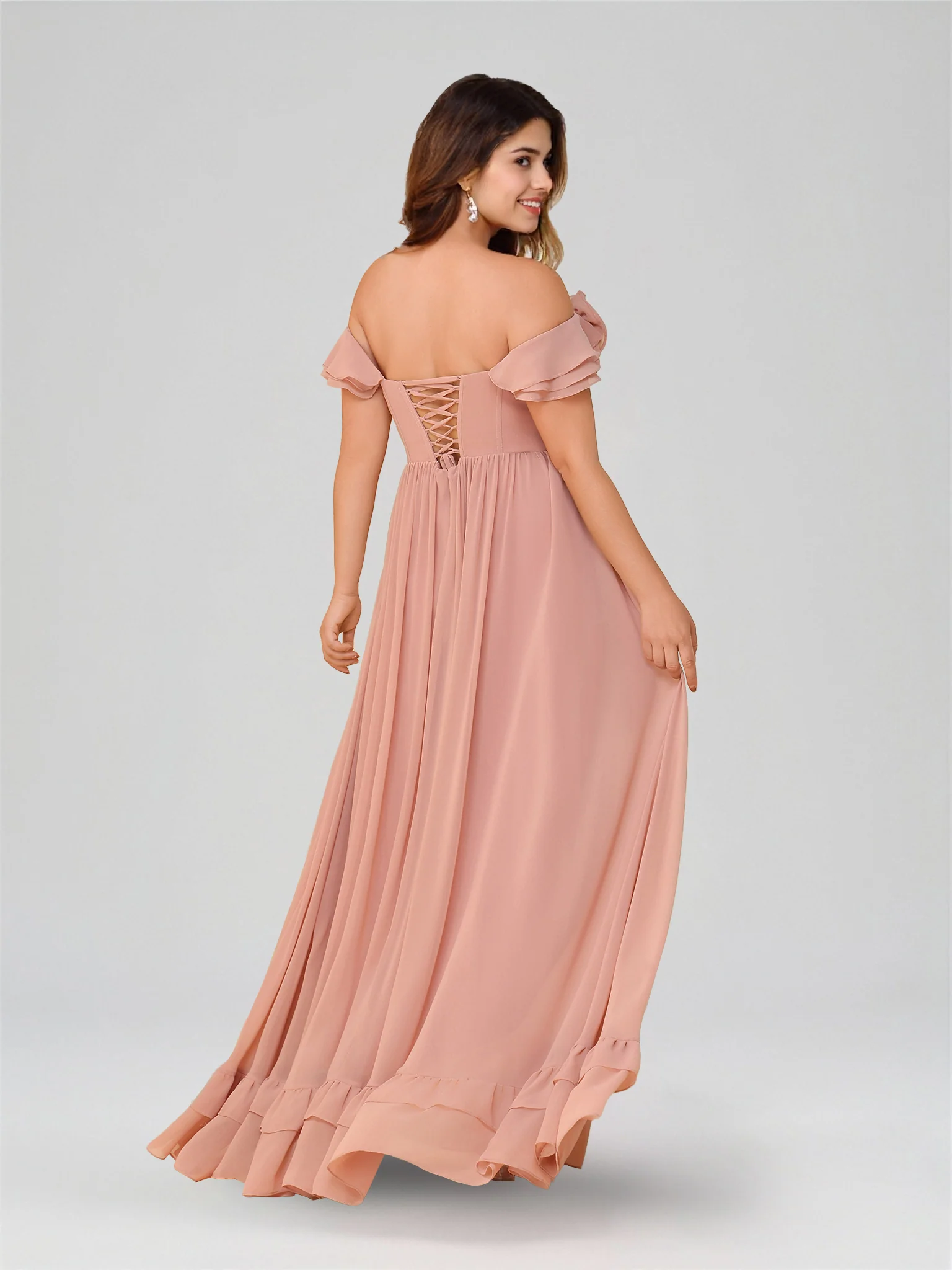 A-Line/Princess Off-the-Shoulder Short Sleeves Floor-Length Plus Size Bridesmaid Dresses with Split Side & Ruched - Image 2