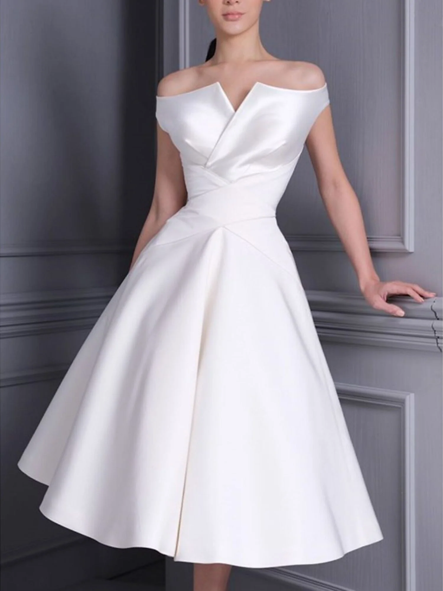 A-Line/Princess Off-the-shoulder Short Sleeves Tea Length luxurious Wedding Dress With Ruffle - Image 2