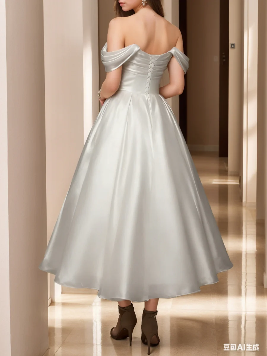 A-Line/Princess Off-the-Shoulder Silk Satin Wedding Dresses Ankle-Length Sleeveless Ruched - Image 2