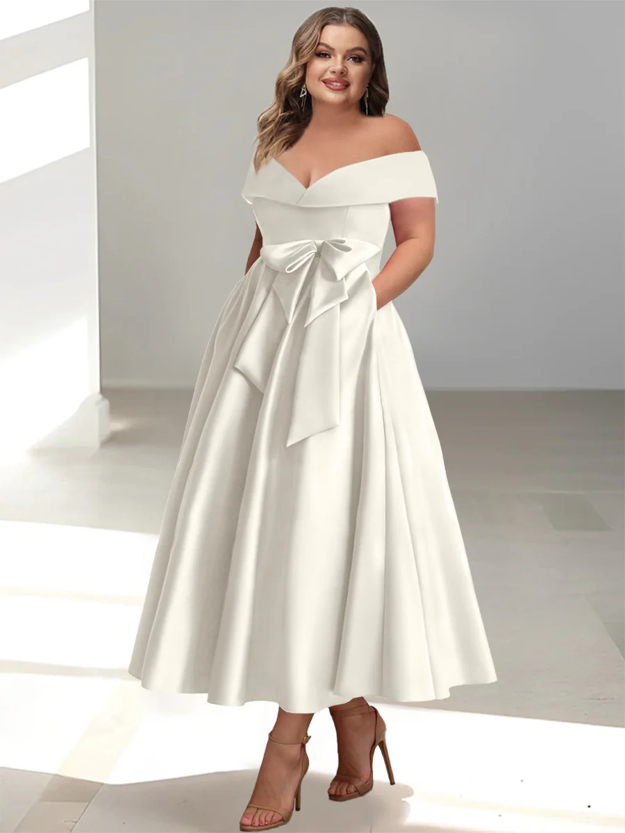 A-Line/Princess Off-the-Shoulder Sleeveless Ankle-Length Plus Size Mother of the Bride Dresses with Pockets - Image 29