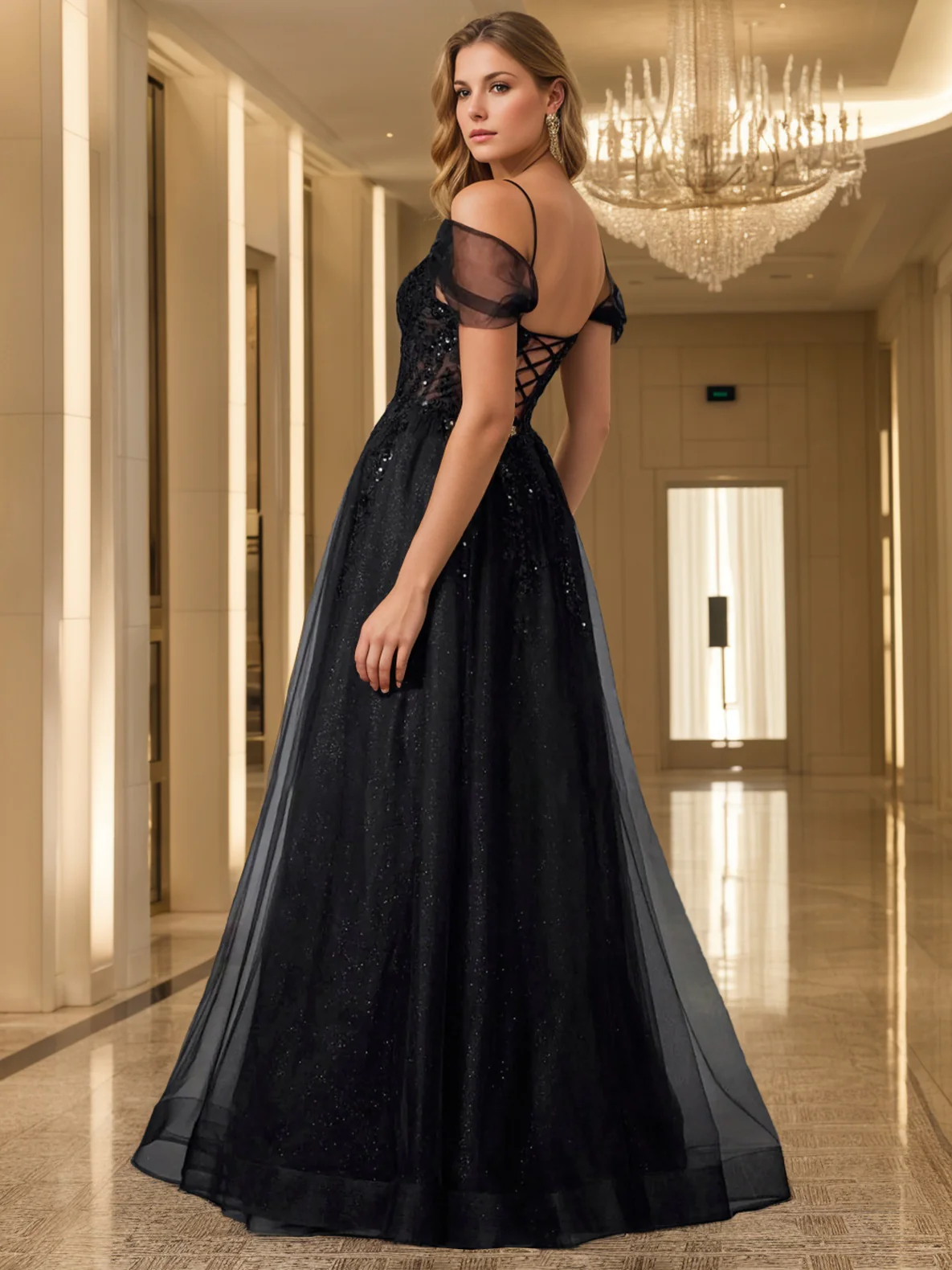 A-Line/Princess Off-the-shoulder Sleeveless Black Tulle Evening Dress with Split Side & Sequins - Image 2
