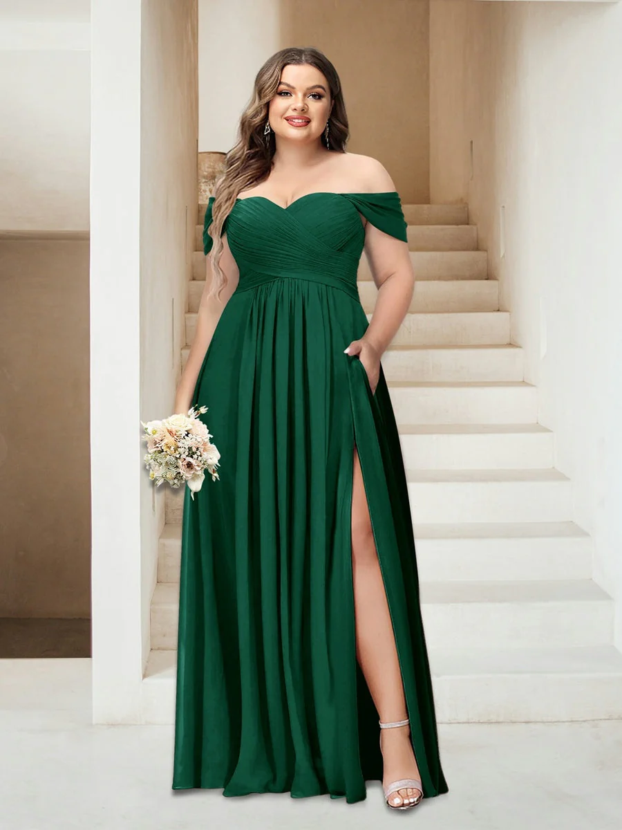 A-Line/Princess Off-the-Shoulder Sleeveless Chiffon Plus Size Bridesmaid Dresses with Pockets - Image 10