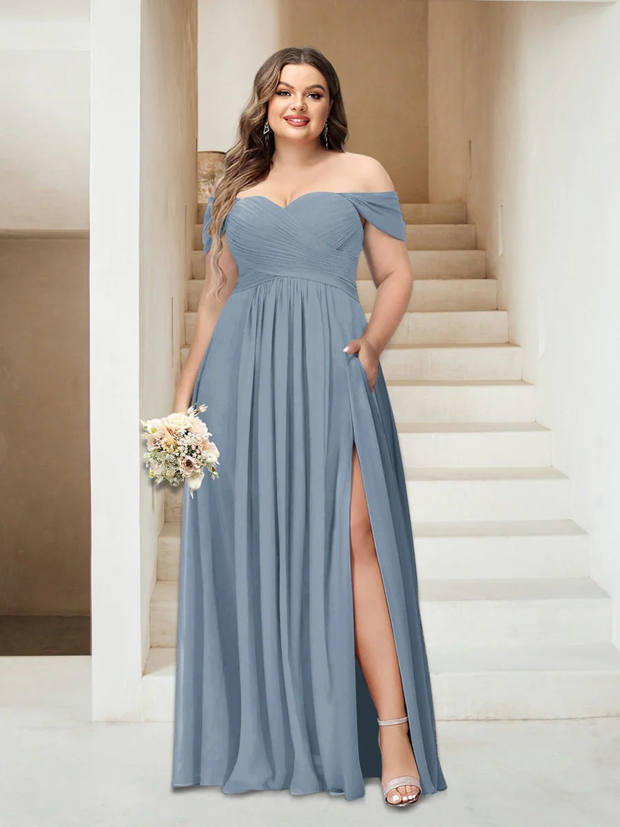 A-Line/Princess Off-the-Shoulder Sleeveless Chiffon Plus Size Bridesmaid Dresses with Pockets - Image 12
