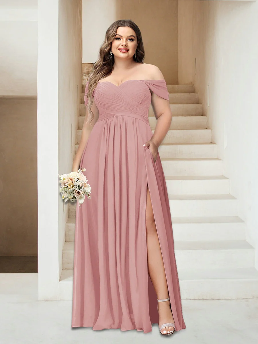 A-Line/Princess Off-the-Shoulder Sleeveless Chiffon Plus Size Bridesmaid Dresses with Pockets - Image 15