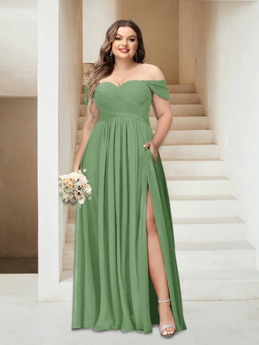 A-Line/Princess Off-the-Shoulder Sleeveless Chiffon Plus Size Bridesmaid Dresses with Pockets - Image 16