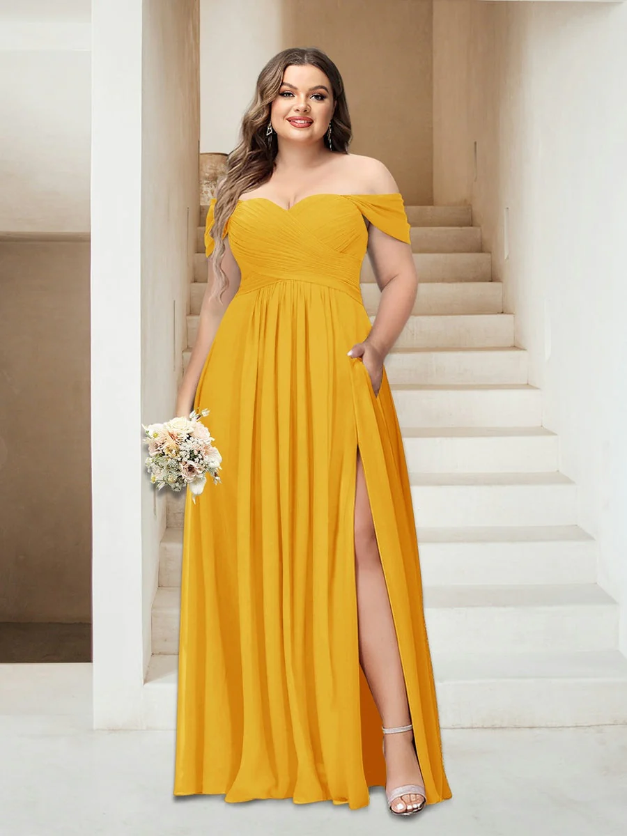 A-Line/Princess Off-the-Shoulder Sleeveless Chiffon Plus Size Bridesmaid Dresses with Pockets - Image 21